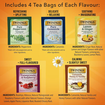 Twinings Herbal Tea Variety Pack, 20 Count (Pack of 1), Formerly Assorted Herbal, Includes 5 Flavours, Naturally Caffeine-Free, Enjoy Hot or Iced, 20 Teabags