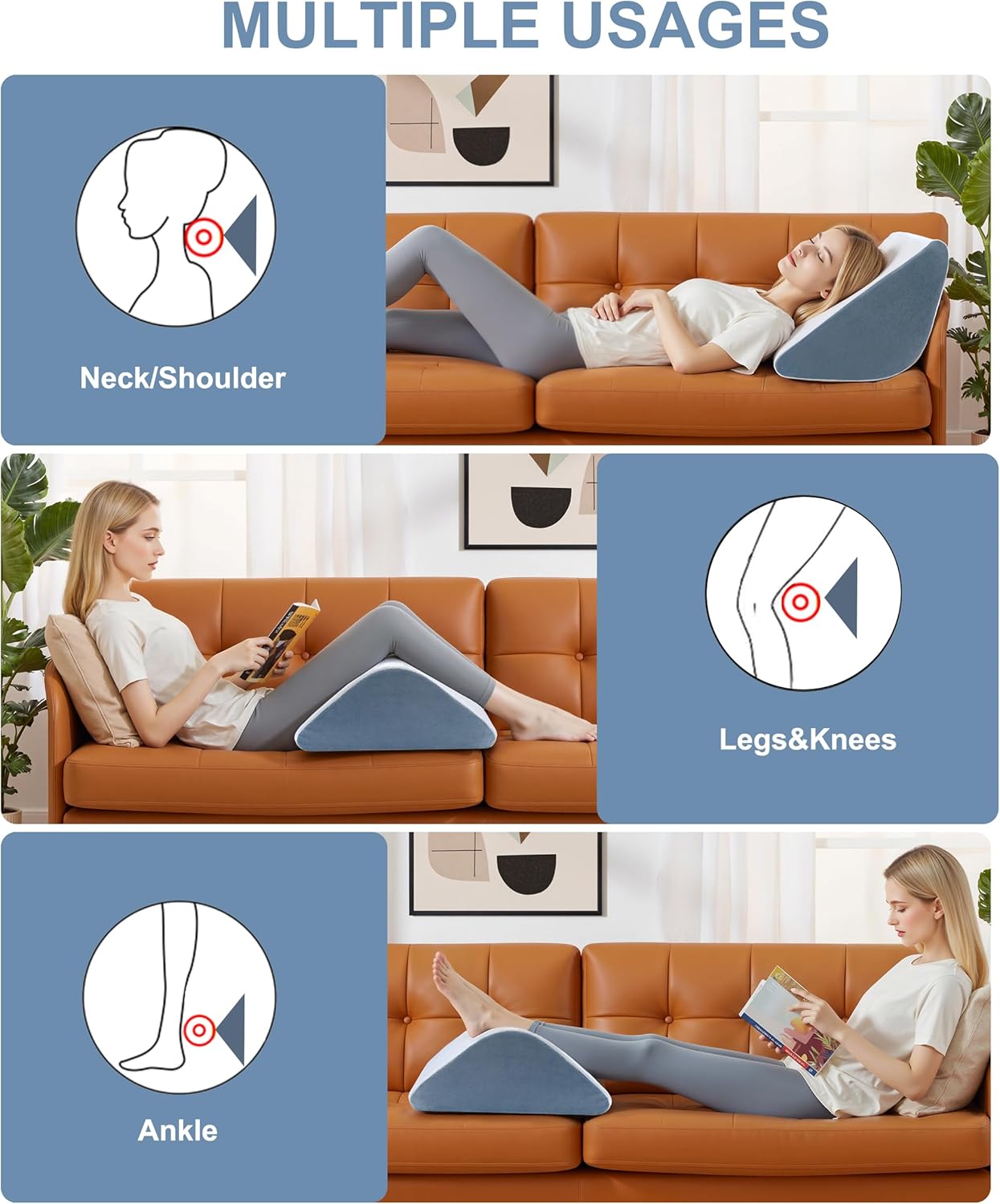 Knee Wedge Pillow, 8" Knee Pillow for Back Sleeping Leg Elevation Leg Pillow, Triangle Pillow for Legs Post Surgery, Knee Support, Hip Back Pain Relief