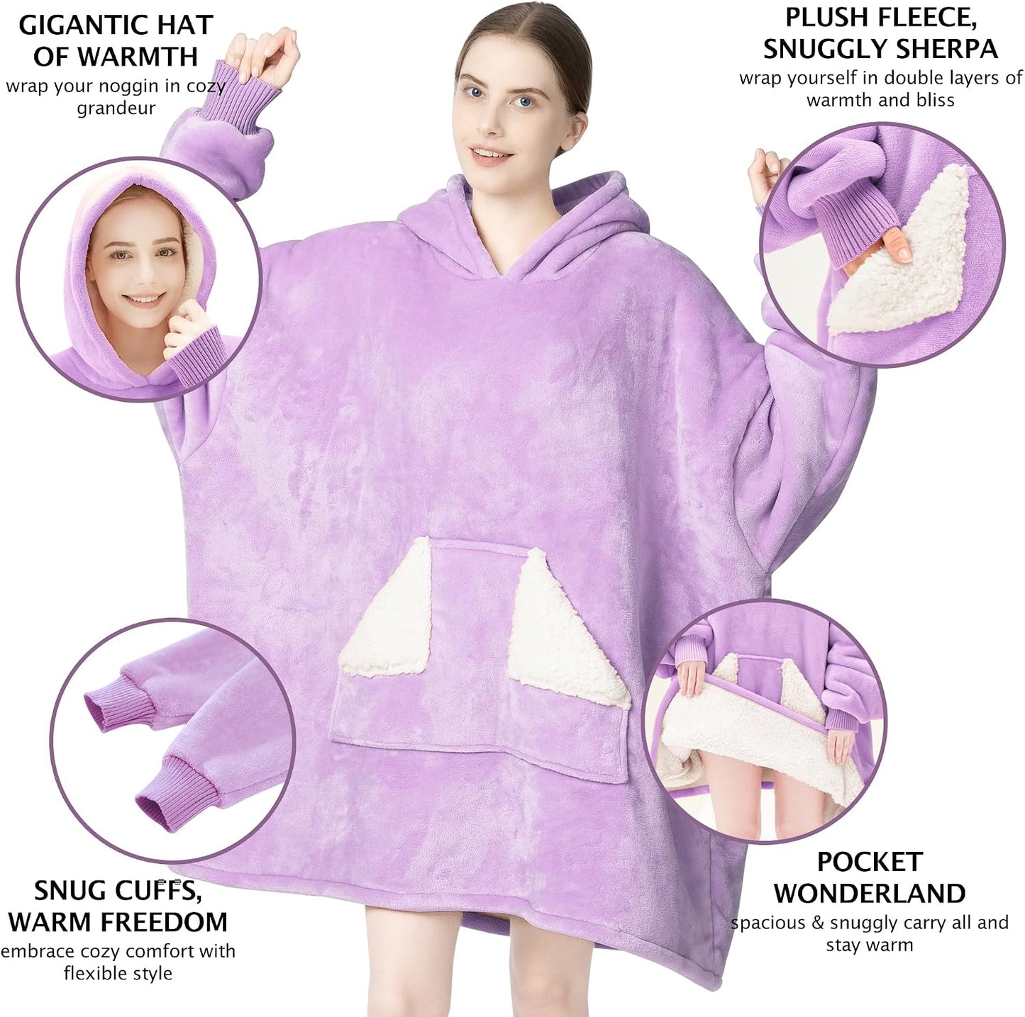 Touchat Wearable Blanket Hoodie, Oversized Sherpa Blanket Sweatshirt with Hood Pocket and Sleeves, Super Soft Warm Plush Hooded Blanket for Adult Women Men, One Size Fits All (Pink)