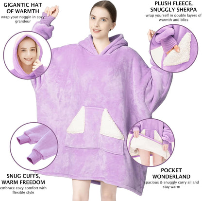 Touchat Wearable Blanket Hoodie, Oversized Sherpa Blanket Sweatshirt with Hood Pocket and Sleeves, Super Soft Warm Plush Hooded Blanket for Adult Women Men, One Size Fits All (Pink)