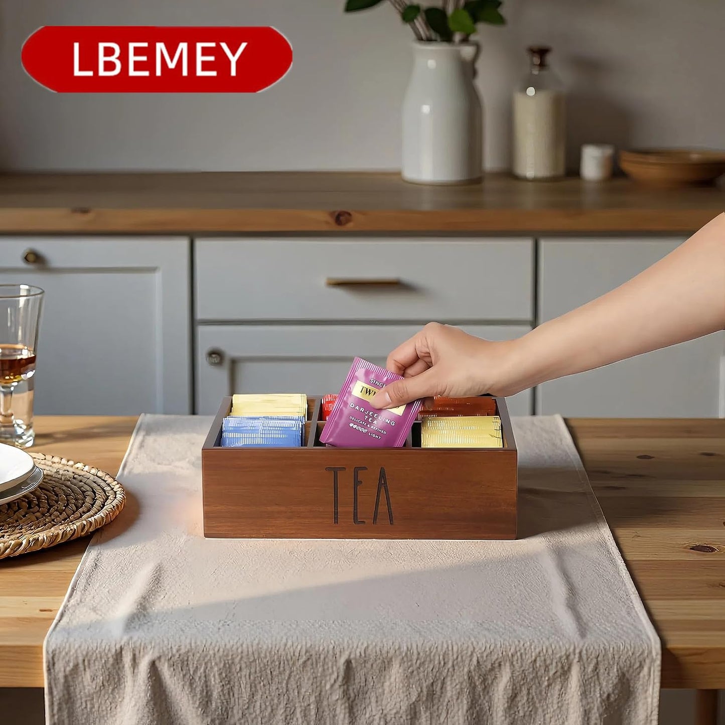 LBEMEY Tea Bag Organizer, Wood Tea Storage Containers with 6 Compartments, Sugar Packet Holder,Tea Bag Caddy Box for Cabinet Countertop Office (Brown-Labeled "Tea")