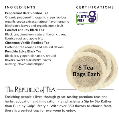 The Republic of Tea – Holiday Teas Assortment, 24 Individually-Wrapped Tea Bag Samples | Peppermint, Cinnamon, Vanilla, Pumpkin Spice