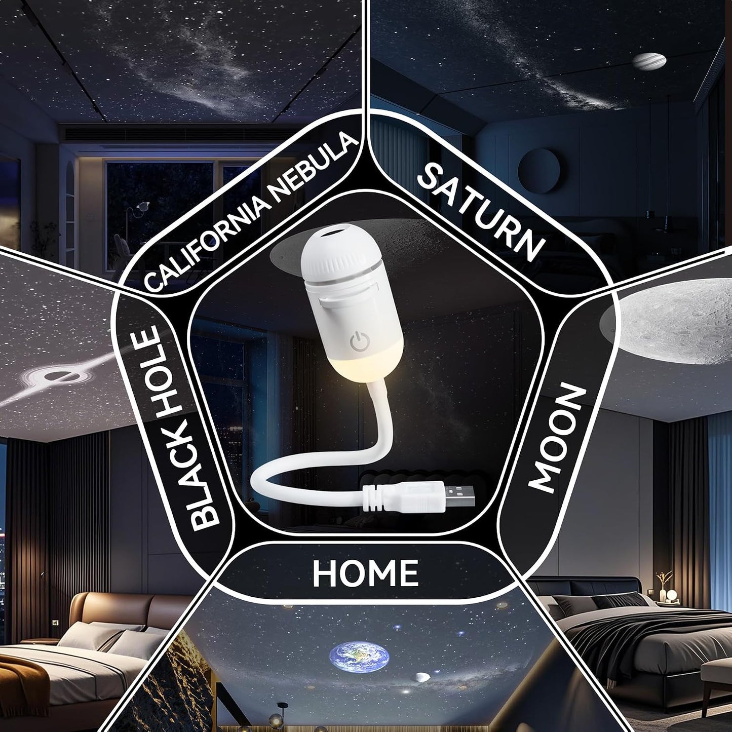 2-in-1 Galaxy Projector Night Light with 5 Projection Films for Bedroom | Adjustable Brightness & Focus, 360° Rotating Design, USB Starry Sky Night Light Projector for Bedroom Car Ceiling Decor