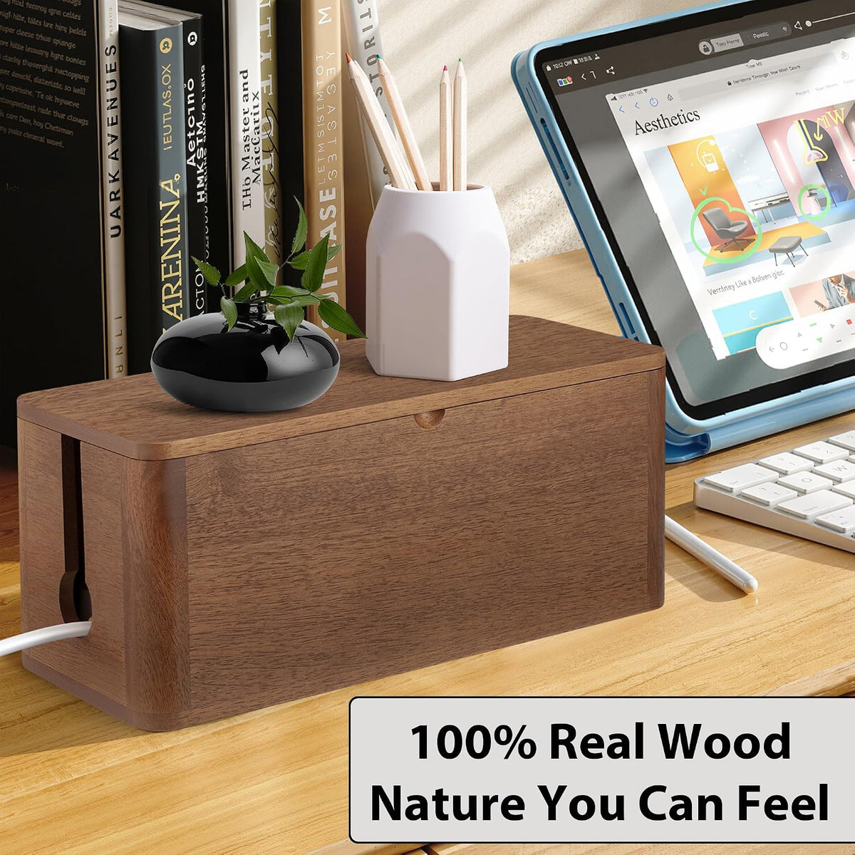 ZhiYo Wood Cable Management Box, Medium Cord Organizer Box for Power Strip