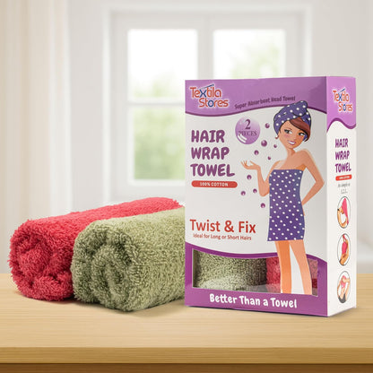 Textila 100% Cotton Hair Wrap Towels for Women (Pack of 2, Raspberry & Green) – Soft & Absorbent Turban Towels for Long, Curly, Frizz-Prone Hair