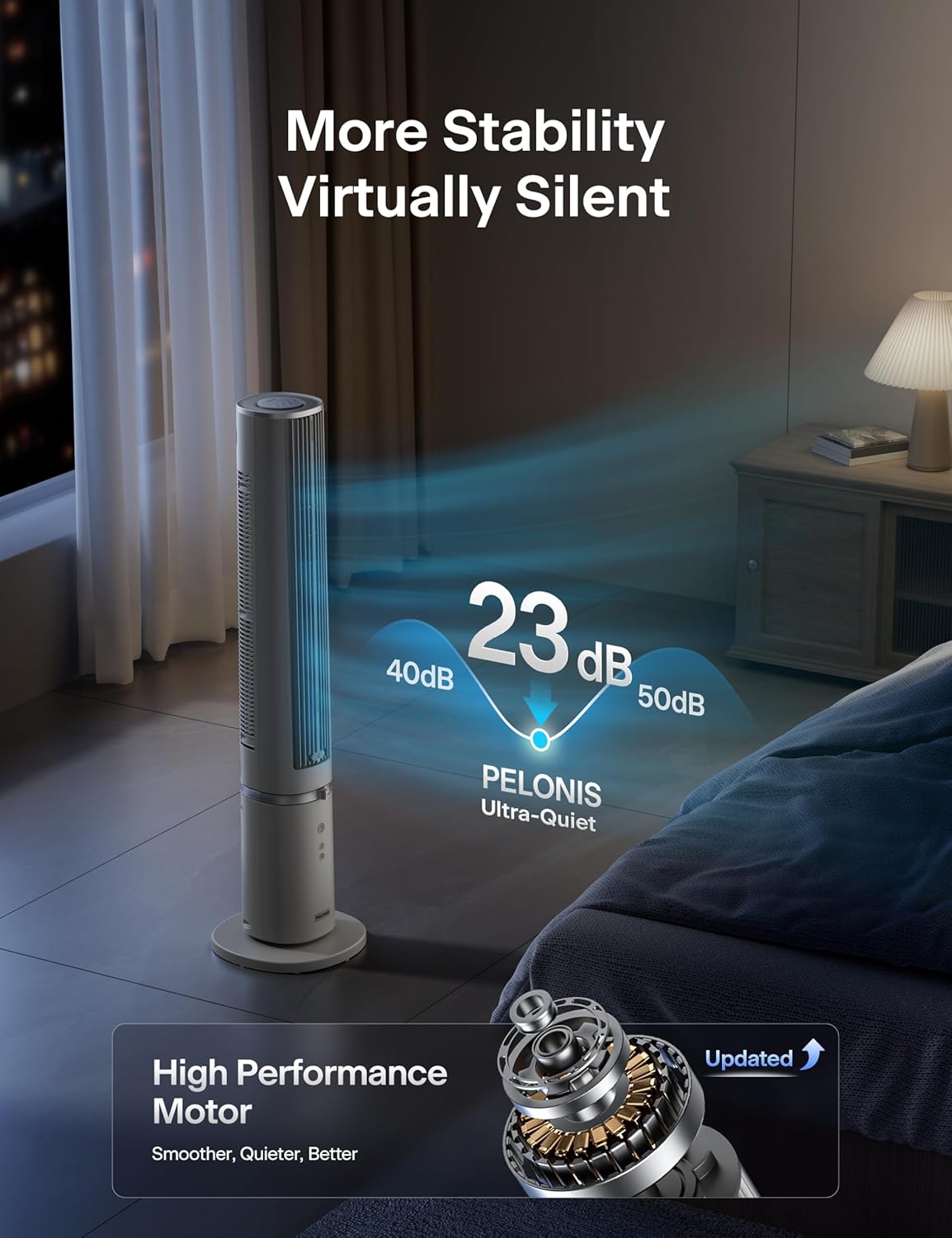 PELONIS 40 inch Bladeless Tower Fan for Bedroom, Standing Fan with Remote Control, 26ft/s, 90° Oscillation, 3 Speed Settings, 27dB, 3 Modes, 15-Hour Timer, LED Display, Fan that Blows Cold Air, White