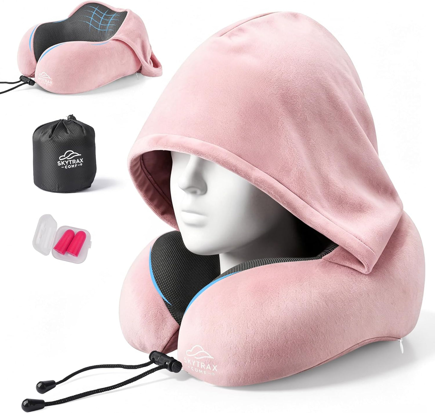 SkytraxComf® Travel Neck Pillow with Hood for Privacy on Long Flights | Memory Foam | Airplane Sleep | Safety-Tested Materials | Extra Large Hood | Chin Support | Earplugs | Washable Cover
