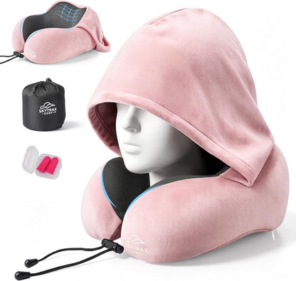 SkytraxComf® Travel Neck Pillow with Hood for Privacy on Long Flights | Memory Foam | Airplane Sleep | Safety-Tested Materials | Extra Large Hood | Chin Support | Earplugs | Washable Cover