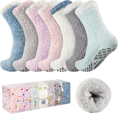 Bulinlulu Fuzzy Socks with Grips Plush Sleep Cozy Winter Soft Hospital Fluffy Socks for Womens Mens Gifts