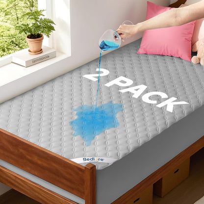 2 Pack Waterproof Mattress Protector, Queen Size Mattress Pad Noiseless with Deep Pocket Fitted for 6"-18", Soft Breathable Dirt-Proof Bed Mattress Cover Washable for Home, Bedroom, Hotel (Gray)