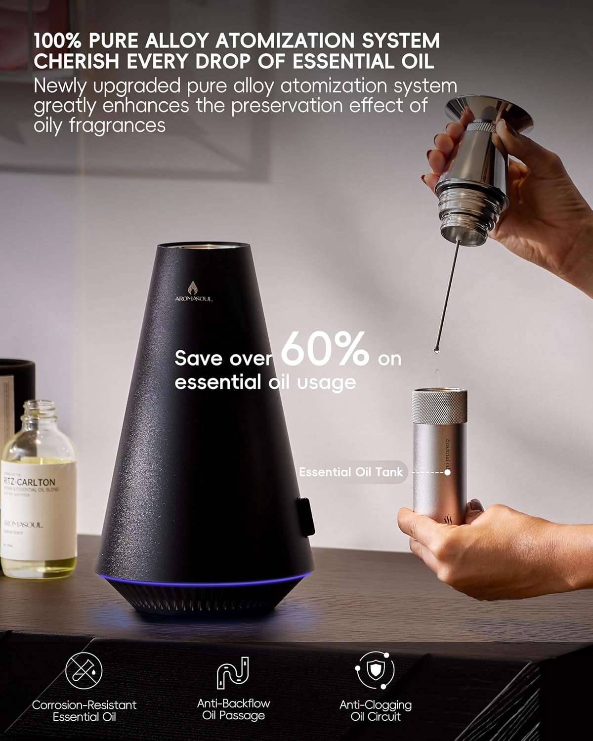 All-Metal Waterless Scent Diffuser Kit – 1500 Sq.Ft Coverage, Wireless Rechargeable,App Control, Mood Light, Hotel Scent Diffuser, Includes 5×15ml Essential Oils, for Home,Large Room,Spa,Silver
