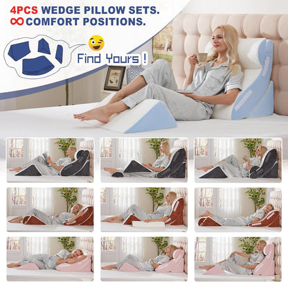 4PCS Orthopedic Bed Wedge Pillow Set for Sleeping, Post Surgery Foam Support Pillows for Back, Neck and Leg Pain Relief, Adjustable Triangle Pillow – Acid Reflux, GERD & Snoring Recovery, White Grey
