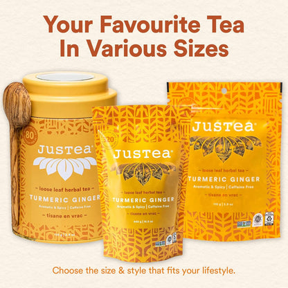 JusTea TURMERIC GINGER Loose Herbal Tea, 40+ Cup Tin + Spoon, Caffeine-Free