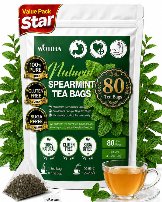 WOTIHA 80 Count Premium Spearmint Tea Bags - 100% Pure Natural Spearmint Leaves, High in Antioxidants, Supports Digestion, Caffeine-Free, Additive-Free, Sugar-Free, Vegan Non-GMO.