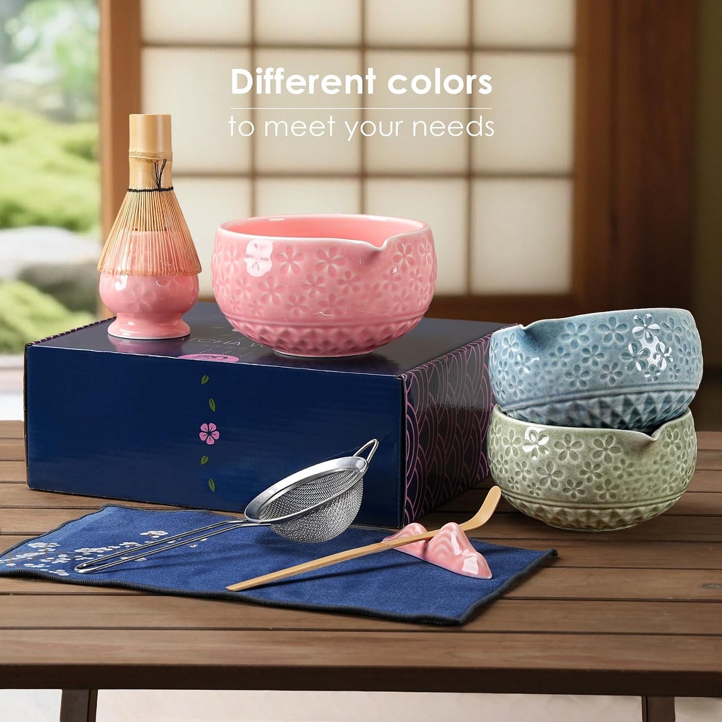 7Pcs Matcha Whisk Set, Matcha Set Whisk and Bowl,Bamboo Scoop, Scoop Rest, Sifter and Tea Towel, Matcha Kit W/Carved Cherry Blossm Pattern for Matcha Lovers (Sakura Pink)