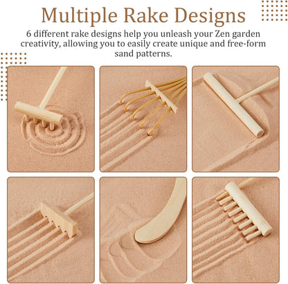Soulchen 8 Pcs Mini Zen Garden Kit for Table Decor DIY Your Own Zen Garden 8.5" x 6.7" Japanese Sand Tray 6 Rake Tools Meditation Gifts Set for Home Office Tabletop Accessories Therapy Stress Relief