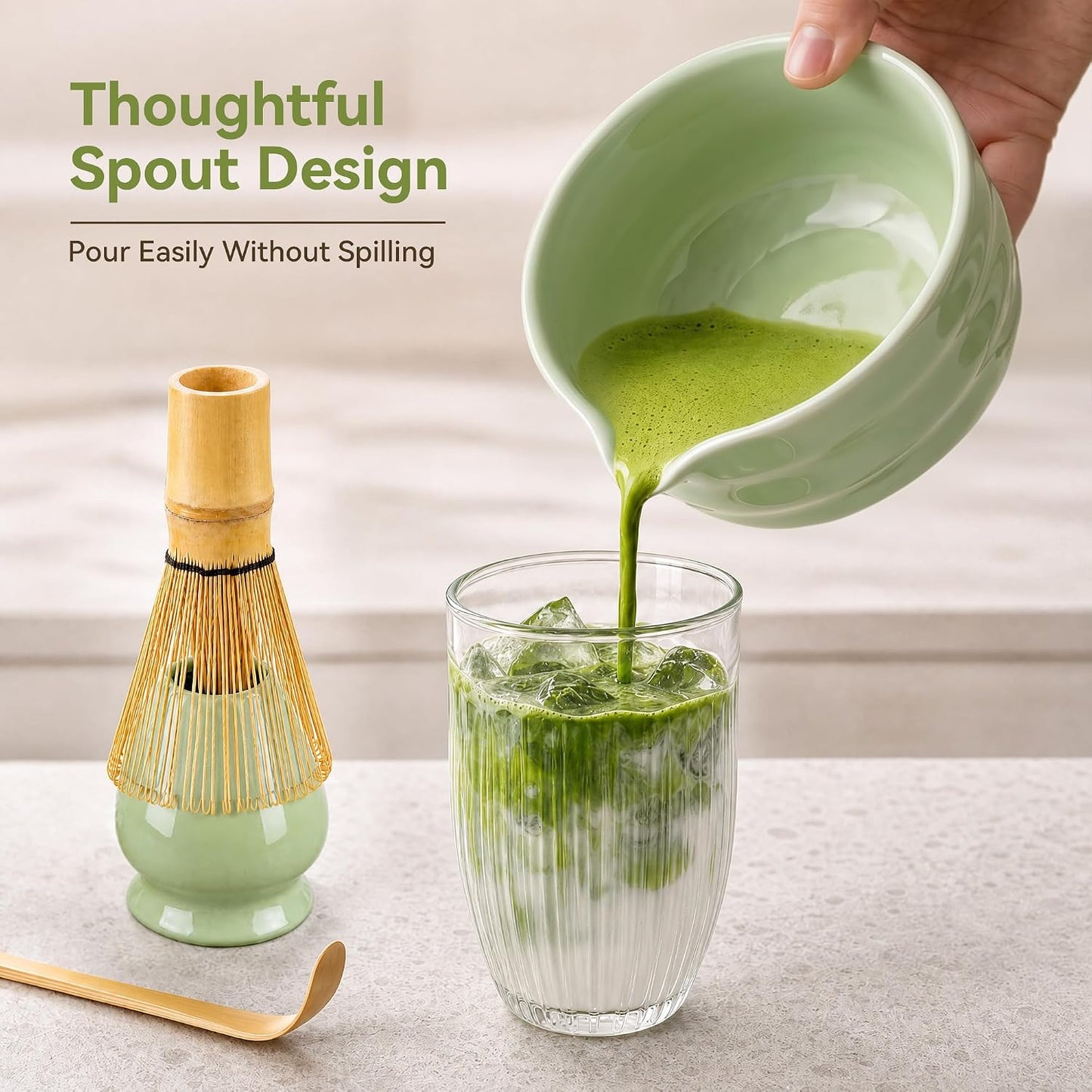 Matcha Whisk Set with Ceramic Bowl - Complete Matcha Making Kit, Bamboo Whisk (Chasen), Whisk Holder, Matcha Powder Sifter, Scoop, Japanese Tea Ceremony Tools（Green）