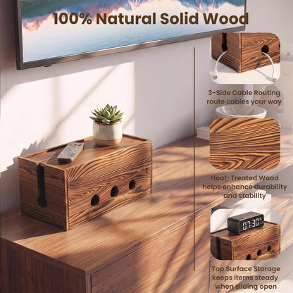 Large Cable Management Box Wooden Cord Organizer Box for Power Strip, Surge Protector, Extension Cords, Chargers & Wires, Cable Hider Box for Desk