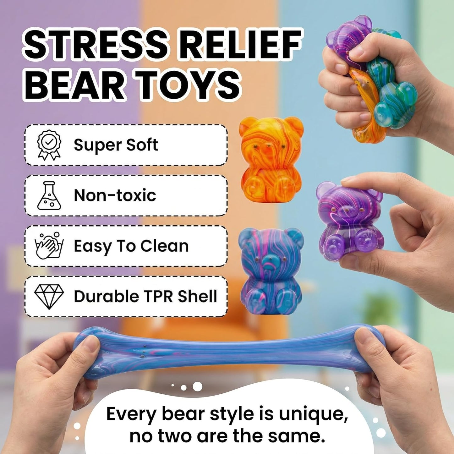 4 Pack Stress Balls Squishy Toys, 2 Inch Durable Slow Rising Stress Relief Sensory Squeeze Toys for Adults and Kids, Birthday Gifts, Party Favors, Classroom Prizes