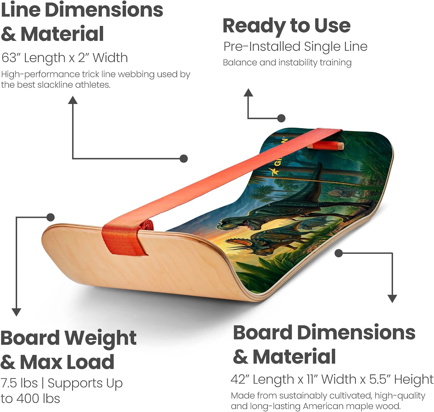 GIBBON SlackBoard - GiBoard Balance Board - Gift for Kids & Adults - 1 & 2 Line Options - Slackline Balance Trainer for Core Workouts, Standing Desk Exercise, Home Gym, Yoga & More