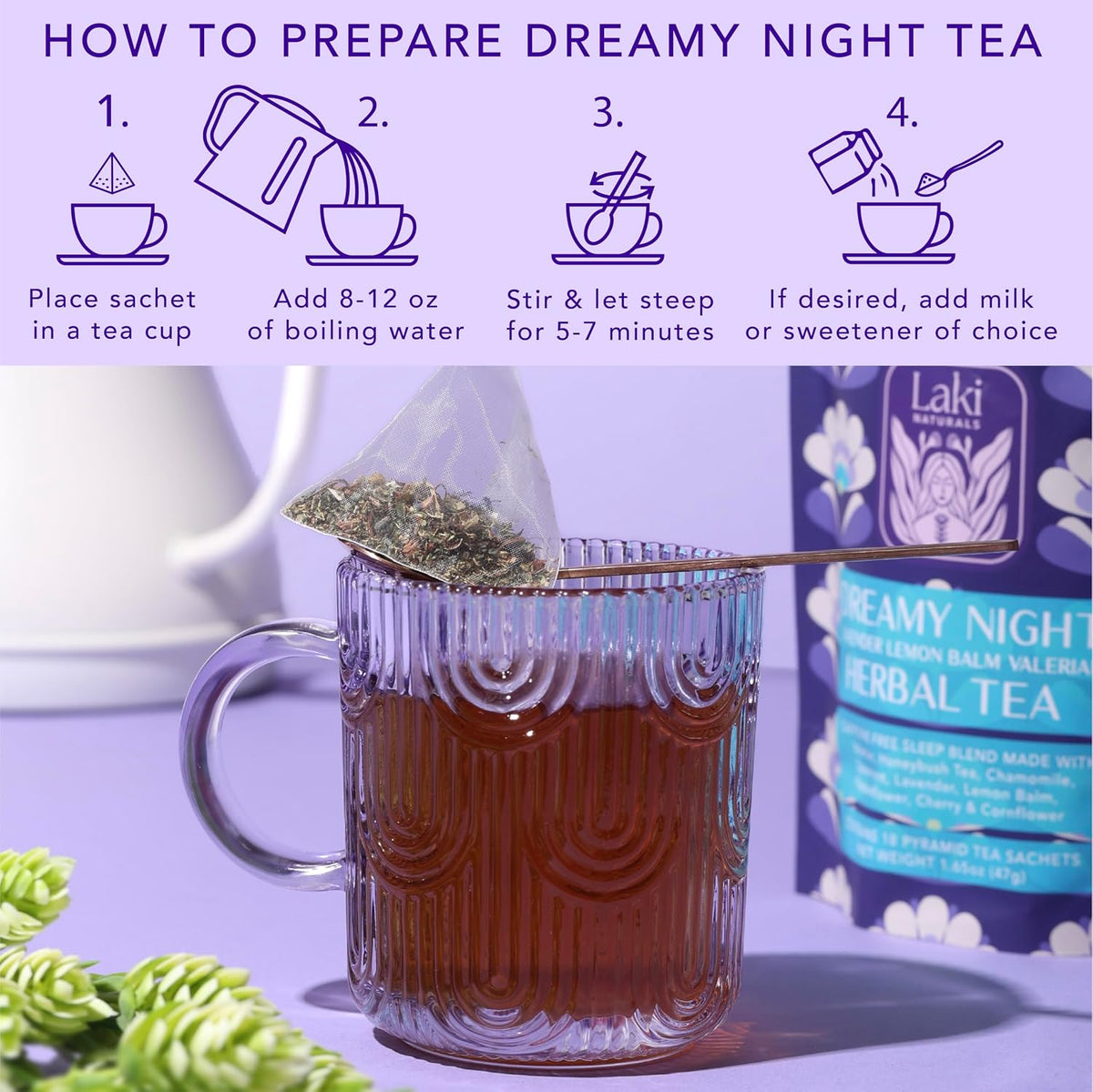 Laki Naturals Dreamy Night Herbal Sleep Tea, Chamomile, Valerian Root (18 Tea Bags)
