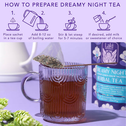Laki Naturals Dreamy Night Herbal Sleep Tea, Chamomile, Valerian Root (18 Tea Bags)