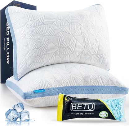 BETU Cooling Pillow Queen Size, Shredded Memory Foam Pillow for Hot Sleepers, Adjustable Firm Soft Support Pillows, Cool Bed Pillows for Side Back Stomach Sleeping Sleepers, gifts for boyfriend, White