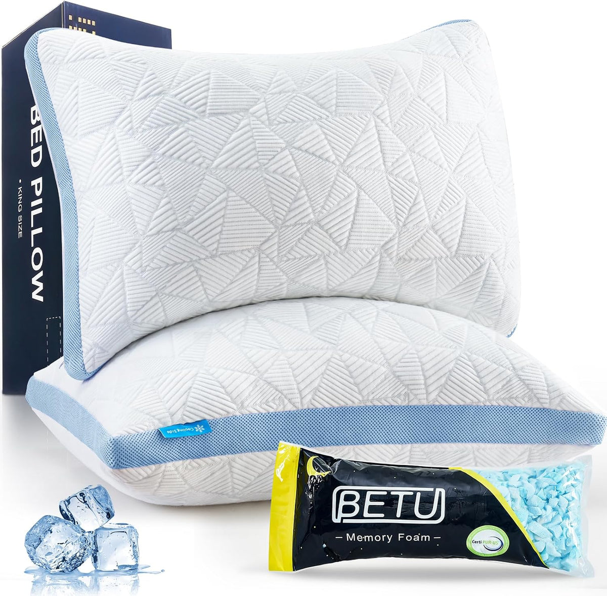 BETU Cooling Pillow Queen Size, Shredded Memory Foam Cool Pillow for Hot Sleepers, Adjustable Firm Soft Support Bed Pillows Perfect for Back Neck Pain and Side Sleeping with Pillow Case Cover, White