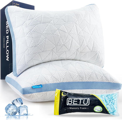 BETU Cooling Pillow Queen Size, Shredded Memory Foam Cool Pillow for Hot Sleepers, Adjustable Firm Soft Support Bed Pillows Perfect for Back Neck Pain and Side Sleeping with Pillow Case Cover, White