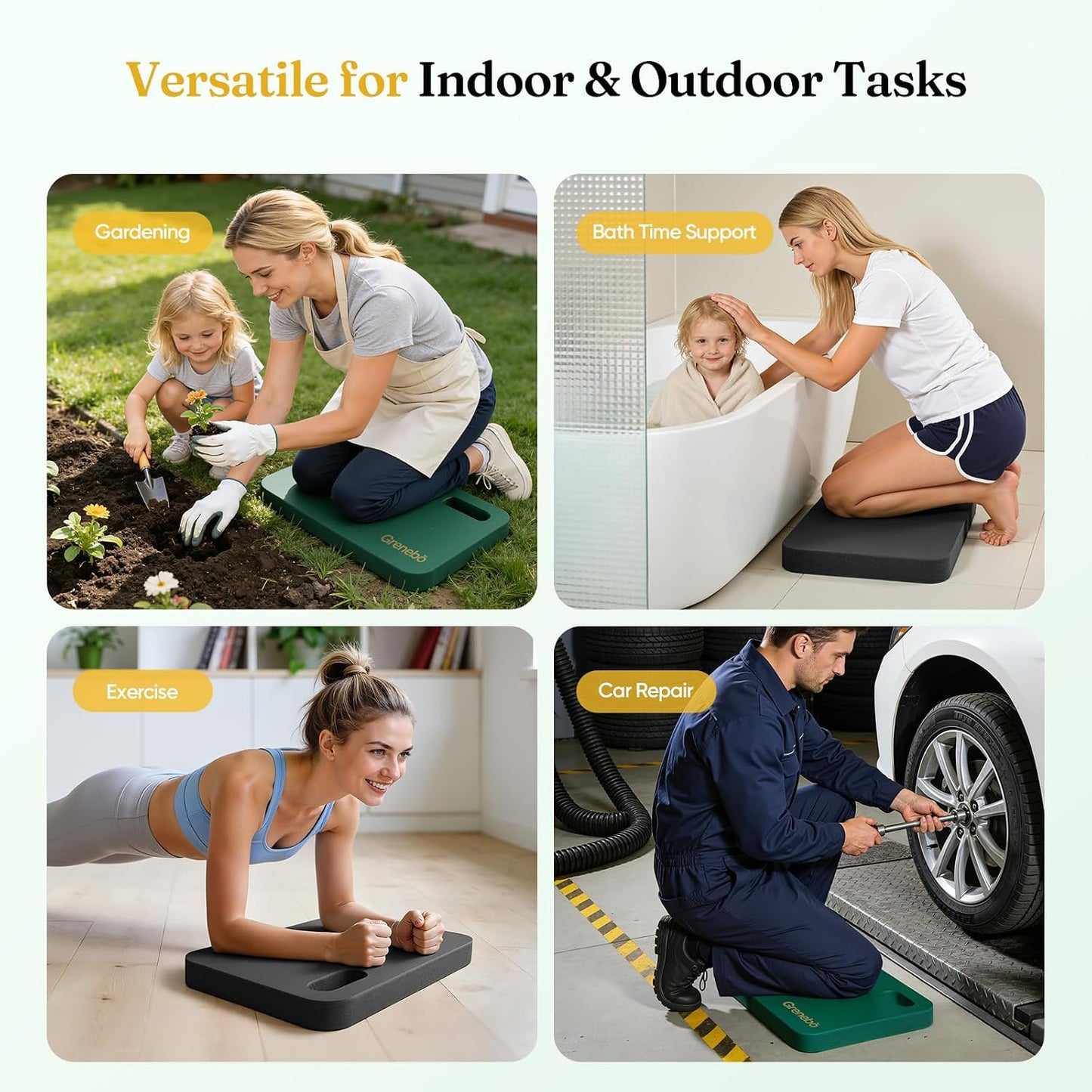 Grenebo 2-Pack 1.6" Extra Thick NBR Foam Garden Kneeling Pads, Ultra Soft Cushion Kneeling Pads for Gardening, Gardening Kneeling Pad for Baby Bathing, Work, Exercise, 17.3×11×1.6 in, Black