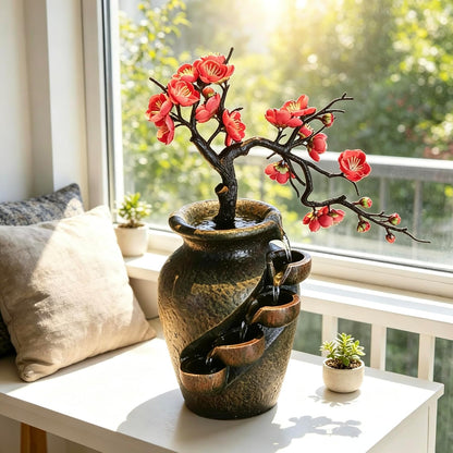 Mini Artificial Bonsai Tree Waterfall Fog Feature Rock Tabletop Fountain | 11in Desktop Decor Waterfall Fountain W/ Water Pump& Atomizer&LED Lights &Fake Tree Office Bedroom Relax