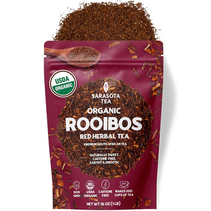 Organic Rooibos Tea 1 lb (16 Oz) – USDA Certified Organic South African Red Rooibos Loose Leaf Tea – Naturally Caffeine Free Herbal Tea – Bulk Resealable Bag
