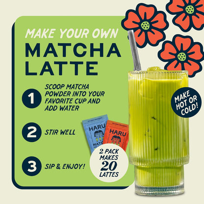 Haru Original Matcha Oat Milk Latte Mix, Ceremonial Japanese Matcha, Barista-Style Instant Latte, Vegan, Non-Dairy, Smooth Clean Energy, Just Add Water, 2-Pack (20 Lattes)