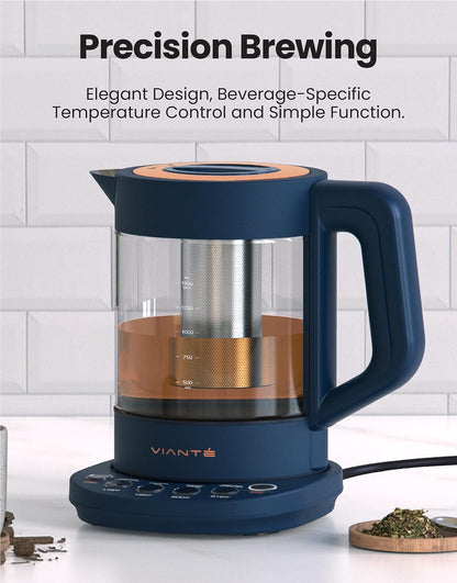 Viante Alba Electric Tea Kettle with Infuser, No Plastic In Contact With Water, 1.5L Borosilicate Glass, 304 Stainless Steel, 4 Temperature Presets, Keep Warm, Cordless, Auto Shut-Off