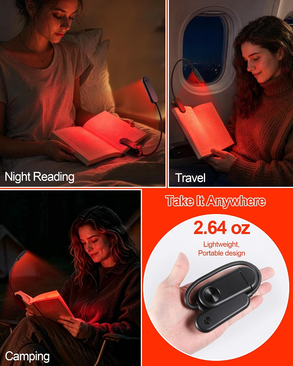 670nm Red Book Light for Reading at Night [1 Pack] - Zero Blue Light, Dimmable Reading Lights for Books in Bed, LED Book Lamp Clip on, Gift for Students Parents Nurse Studying Travel