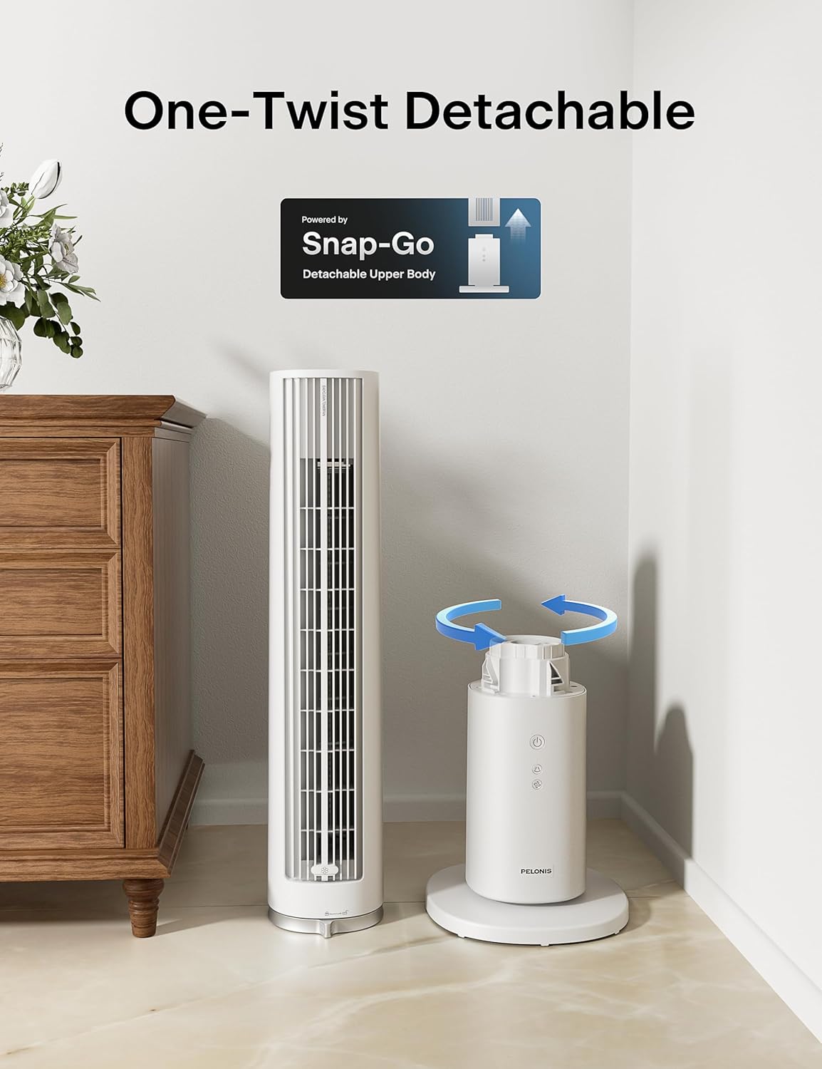 PELONIS 40 inch Bladeless Tower Fan for Bedroom, Standing Fan with Remote Control, 26ft/s, 90° Oscillation, 3 Speed Settings, 27dB, 3 Modes, 15-Hour Timer, LED Display, Fan that Blows Cold Air, White