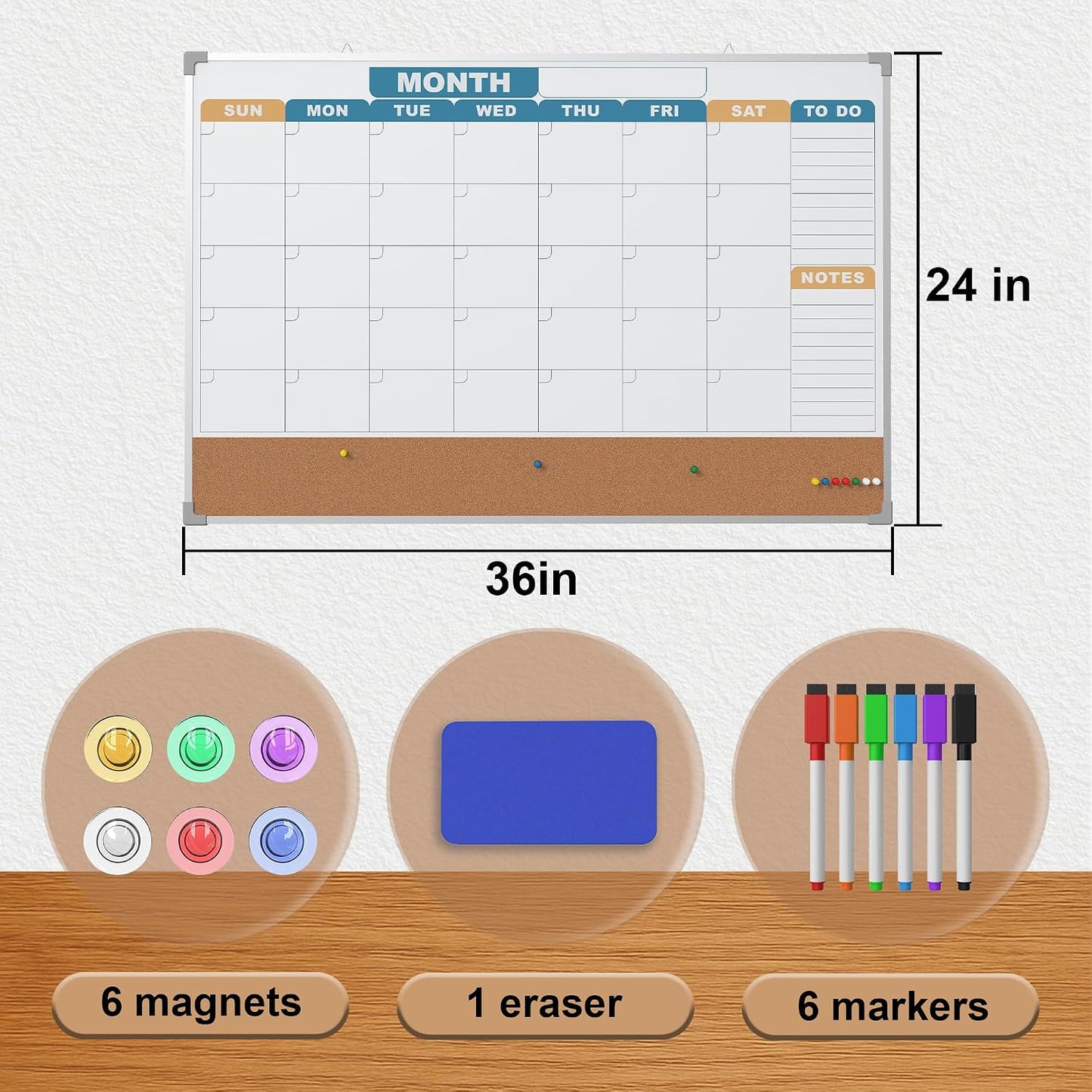 Monthly Calendar Dry Erase Board 16x12 Inch, Double-Sided Whiteboard and Corkboard Combo, Wall Mounted Planner Organizer with Markers, Magnets, Push Pins, Eraser, for Home Office School