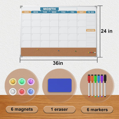Monthly Calendar Dry Erase Board 16x12 Inch, Double-Sided Whiteboard and Corkboard Combo, Wall Mounted Planner Organizer with Markers, Magnets, Push Pins, Eraser, for Home Office School