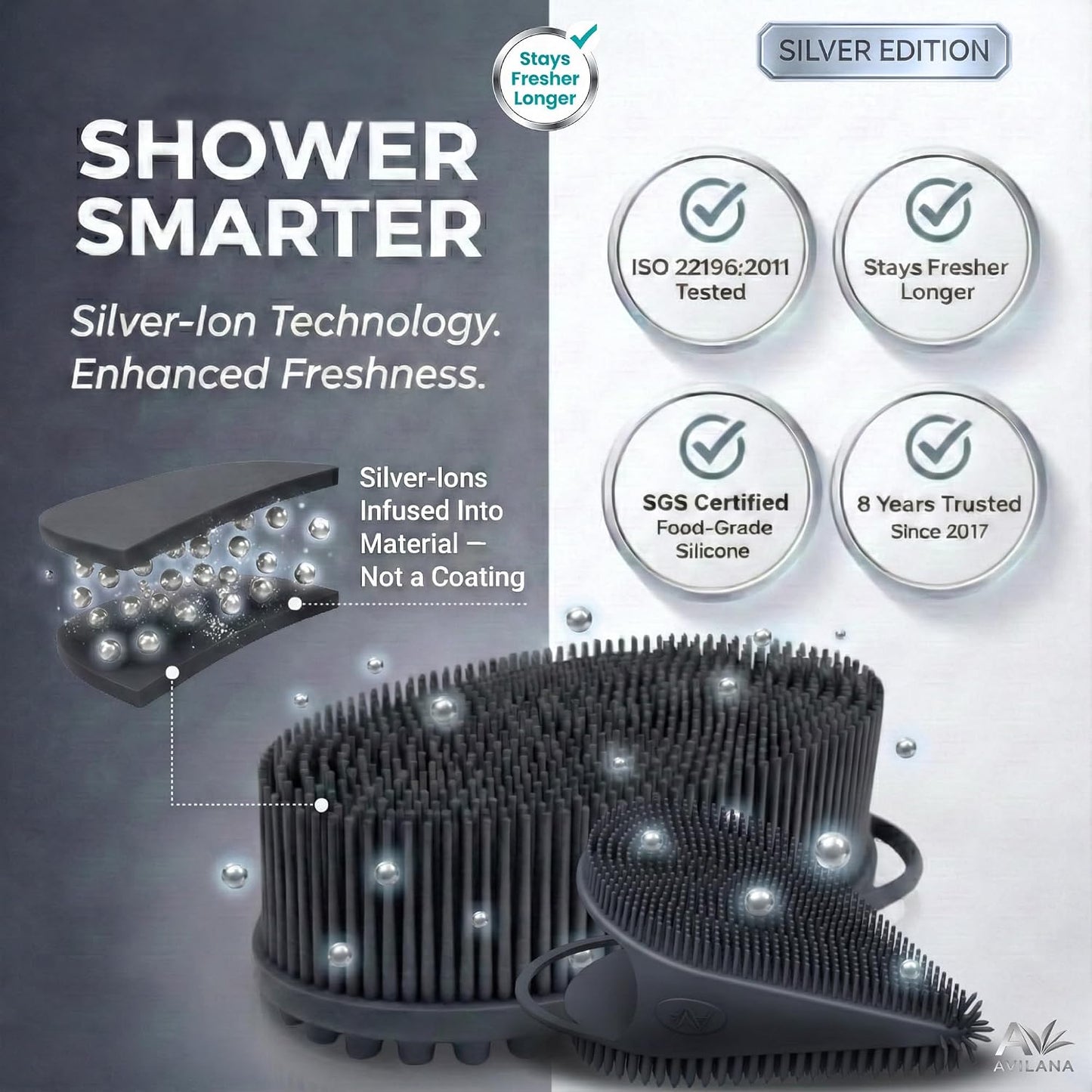 Avilana Premium Silicone Body Scrubber - Trusted Since 2017 - SGS Certified Food Grade Dual Sided Bath Brush, Quick-Dry Exfoliating Loofah Alternative, Massage Brush Sensitive Skin Women Men