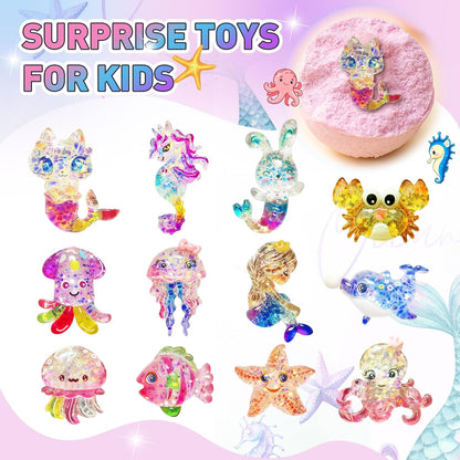 Bath Bombs for Kids with Surprise Inside, 12pcs Kids Bath Bombs with Mermaid Toys Gift Set for Girls, Shea & Coco Butter Dry Skin Moisturize, Birthday Easter Gifts Spa Bath Ball with Bath Toy Fun