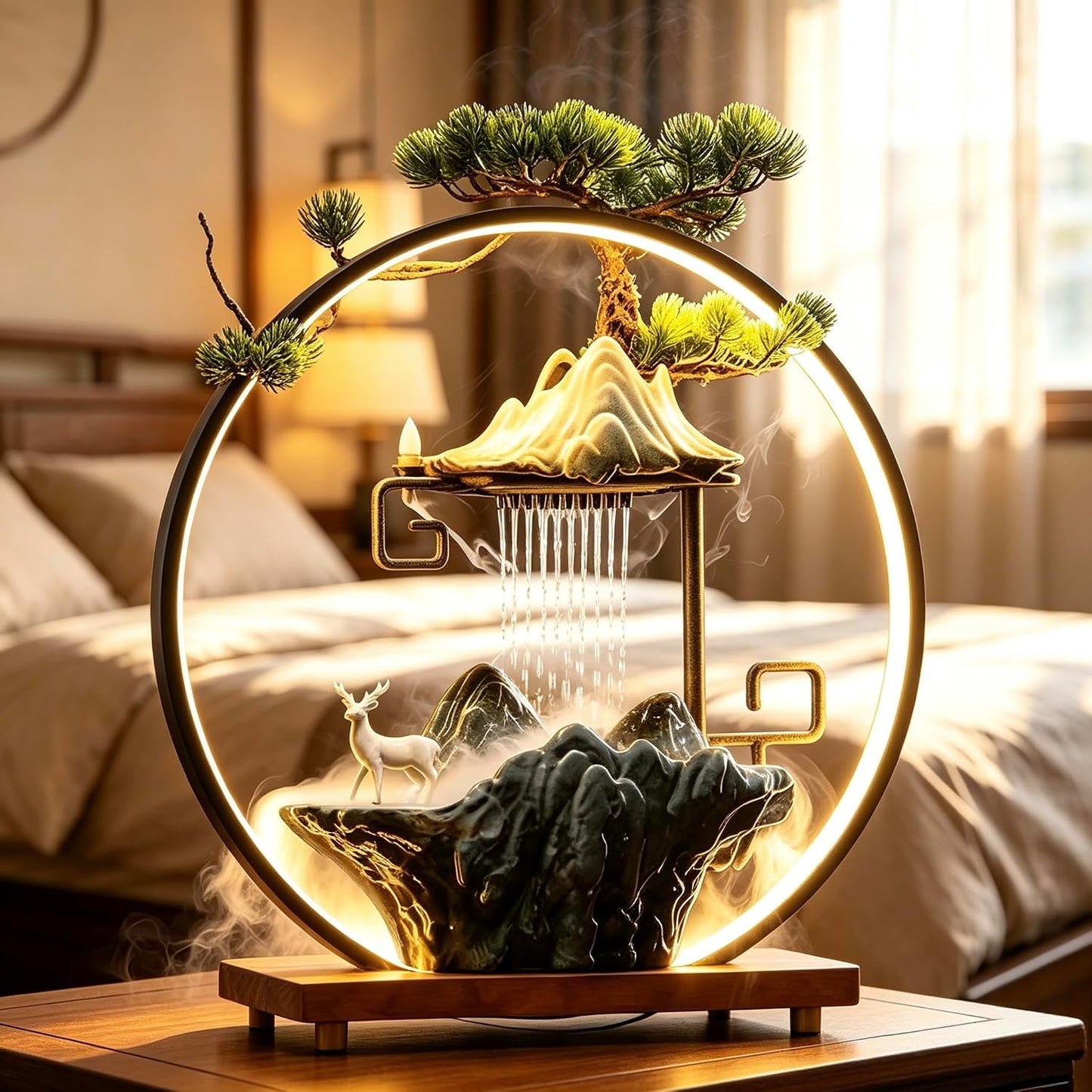 Mini Artificial Bonsai Tree Waterfall Fog Feature Rock Tabletop Fountain | 11in Desktop Decor Waterfall Fountain W/ Water Pump& Atomizer&LED Lights &Fake Tree Office Bedroom Relax