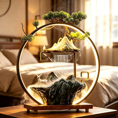 Mini Artificial Bonsai Tree Waterfall Fog Feature Rock Tabletop Fountain | 11in Desktop Decor Waterfall Fountain W/ Water Pump& Atomizer&LED Lights &Fake Tree Office Bedroom Relax