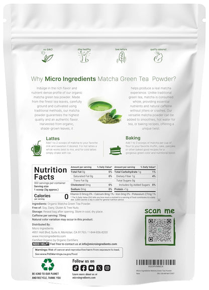 Micro Ingredients Organic Matcha Green Tea Powder, First Harvest, Culinary Grade from Japan, 100% Pure & Unflavored, Great for Tea, Latte, & Smoothies, Non-GMO, No Sugar, Eco-Friendly Packaging, 1 Lb