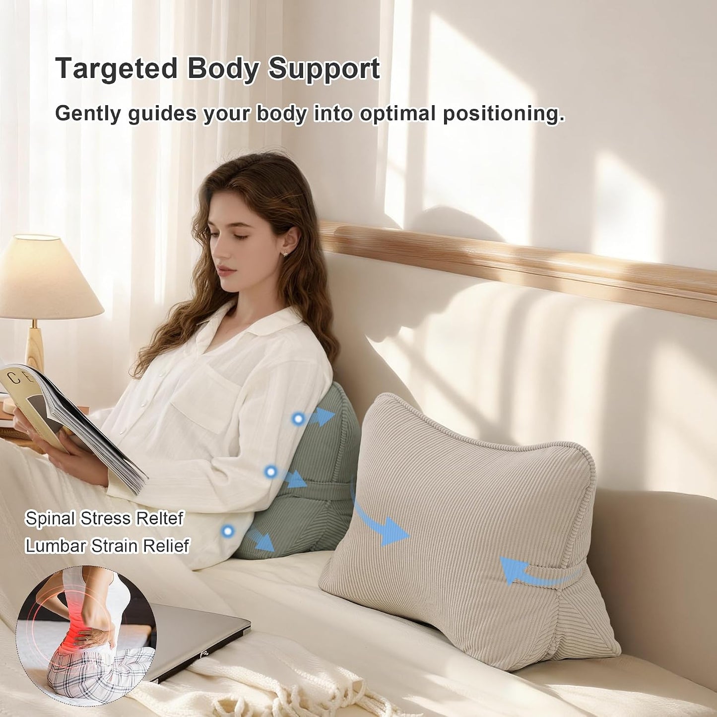 Pat. Pend. Corduroy Lumbar Support Back Pillow for Watching TV, Reading & Gaming, Ergonomic Triangle Support Cushion for Sofa, Armchair & Bed Sitting, Removable Washable Cover, Beige Gray