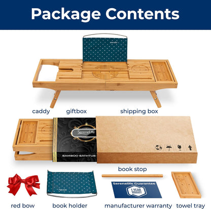 SereneLife Bath Caddy Breakfast Tray Combo - Natural Bamboo Wood Waterproof Tub and Bed with Folding Slide-Out Arms, Device Grooves, Wine Glass Soap Holder