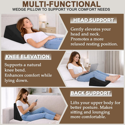sokoro Bed Wedge Pillow for Sleeping, Small 7 Inch Compact Triangle Wedge Pillow for Acid Reflux, Sleep Apnea & Snoring Relief, Firm Incline for Back Support, Washable Cover (Grey, 24x14x7 in)