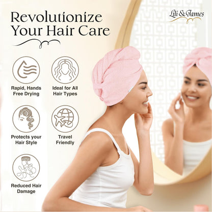 Lili&James 100% Cotton Hair Towel Wrap for Women & Kids – 420 GSM Quick Dry Hair Turban with Double Button Loop, Anti Frizz Non Microfiber Hair Drying Towel for Curly, Long & Thick Hair (Lilac)