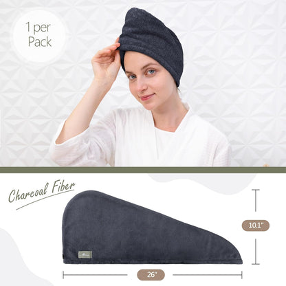 myHomeBody Hair Towel Wrap, Luxury Quick Drying Turban, Ultra Soft Absorbent Charcoal Fiber Cap, with Coconut Shell Button – Gray