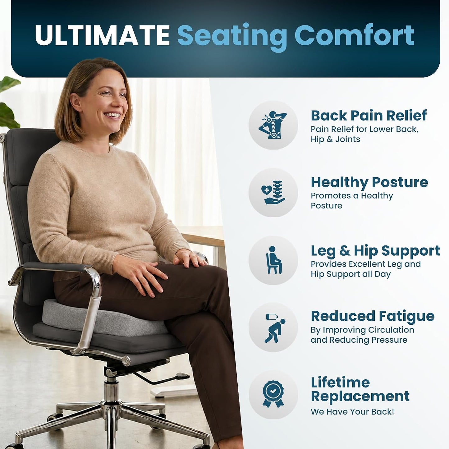 ComfiLife Gel Enhanced Seat Cushion – Office Chair Cushion – Non-Slip Gel & Memory Foam Coccyx Cushion for Tailbone Pain - Desk Chair Car Seat Cushion Driving - Sciatica & Back Pain Relief (Navy)