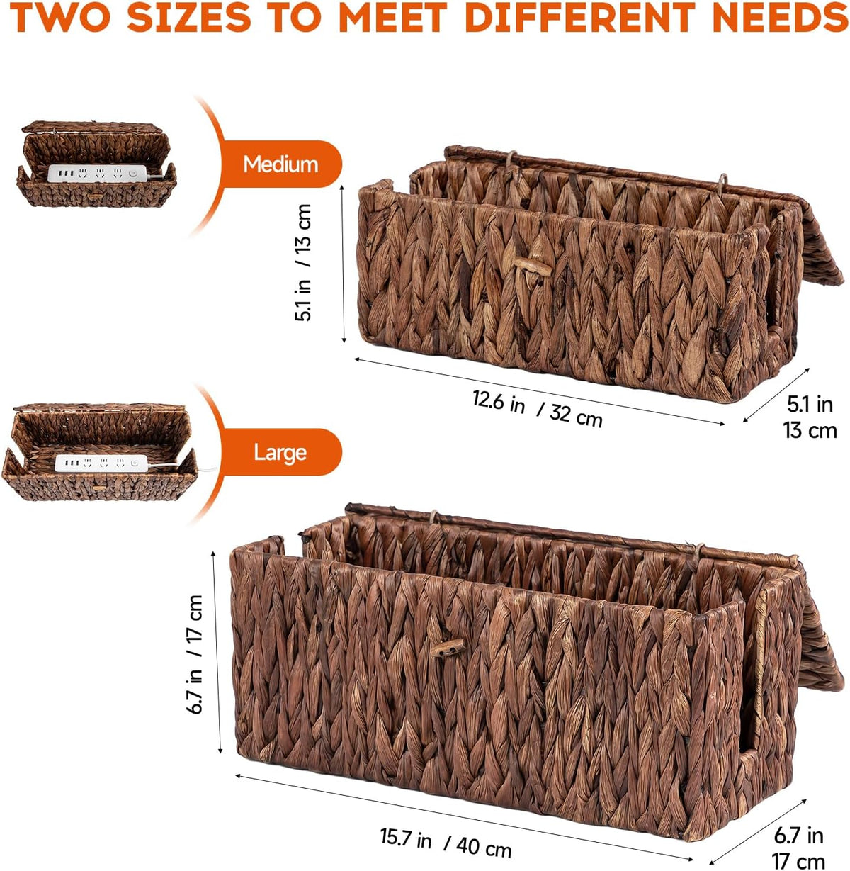 Posprica Cable Management Box with Lid, 2Pack Handwoven Real Water Hyacinth Cord Hider Organizer Boxes, 2 Side Open Slots Storage Box to Hide Cords Power Strip for Desk, Floor, Office